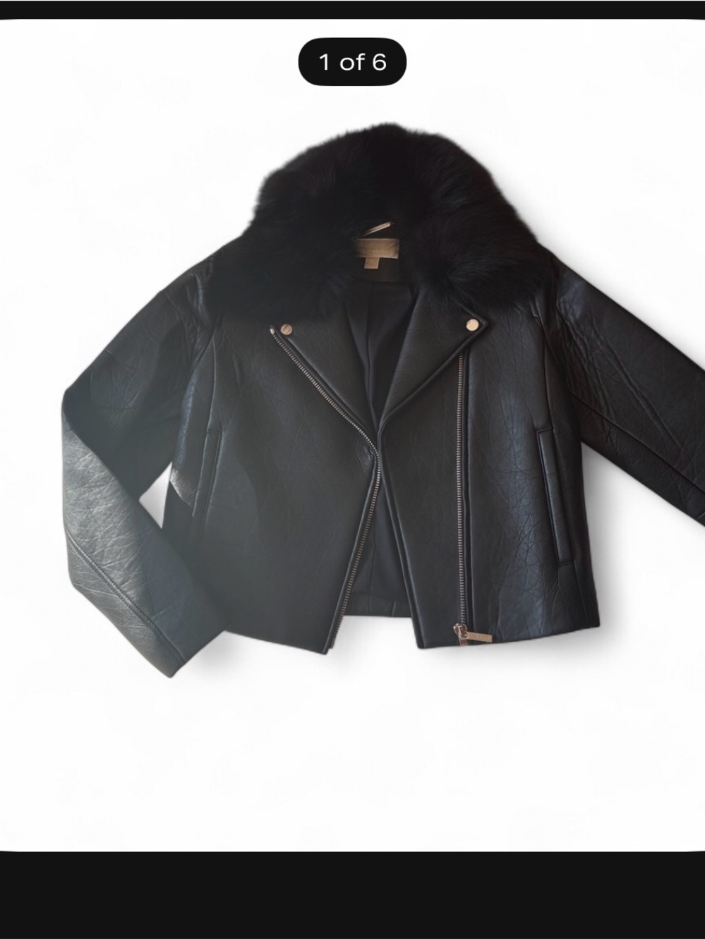 Black Real Fox Fur Collar Genuine Italian Leather Moto Jacket - Women